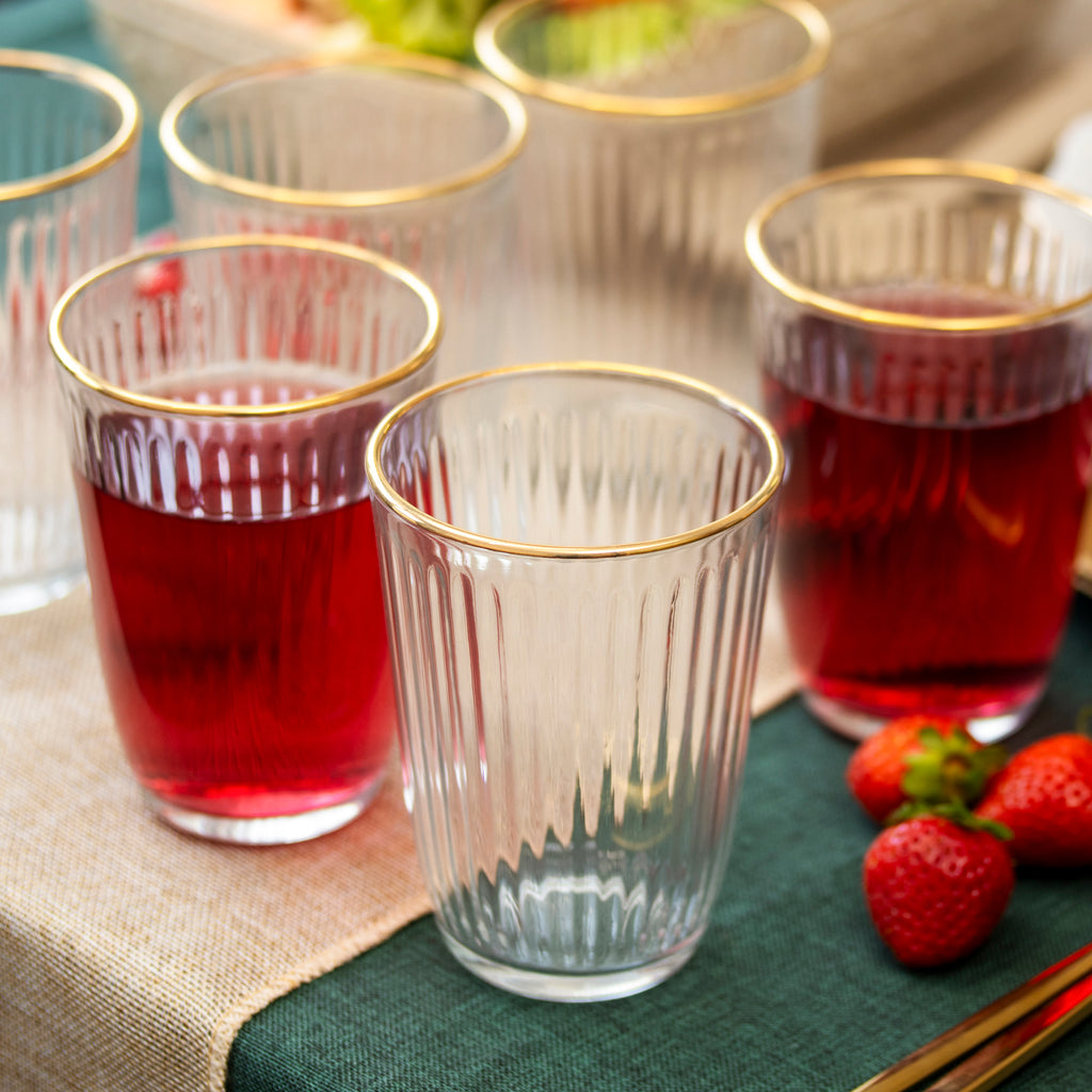 Set Of 6 Gold Rim Fluted Glass Tumblers