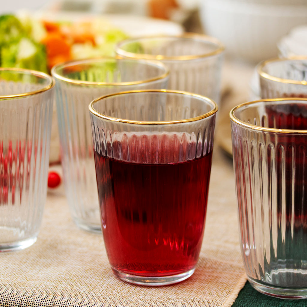 Set Of 6 Gold Rim Fluted Glass Tumblers