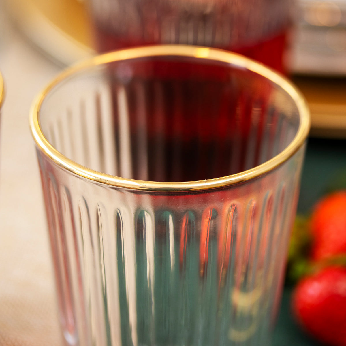 Set Of 6 Gold Rim Fluted Glass Tumblers