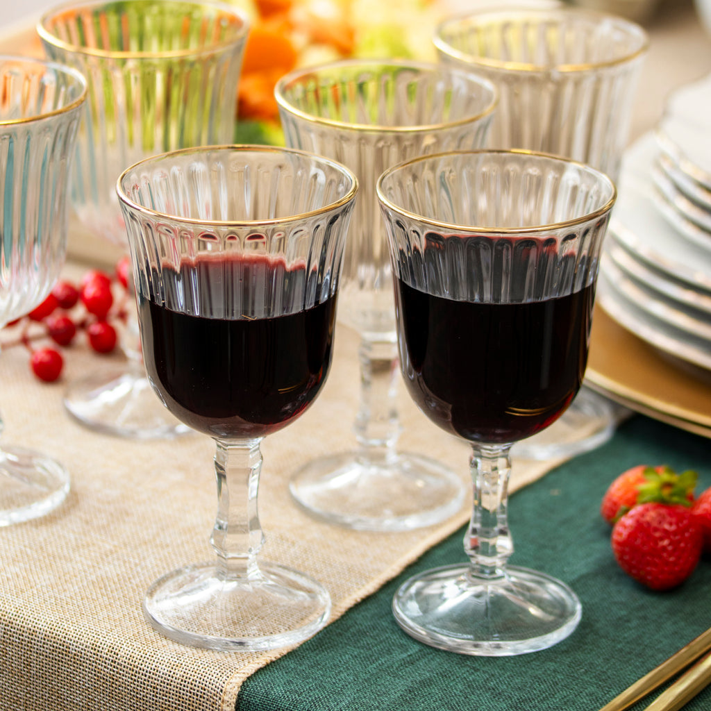 Set Of 6 Gold Rim Fluted Wine Glasses