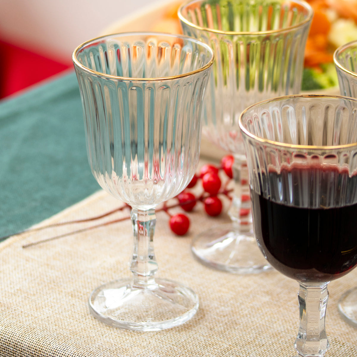 Set Of 6 Gold Rim Fluted Wine Glasses