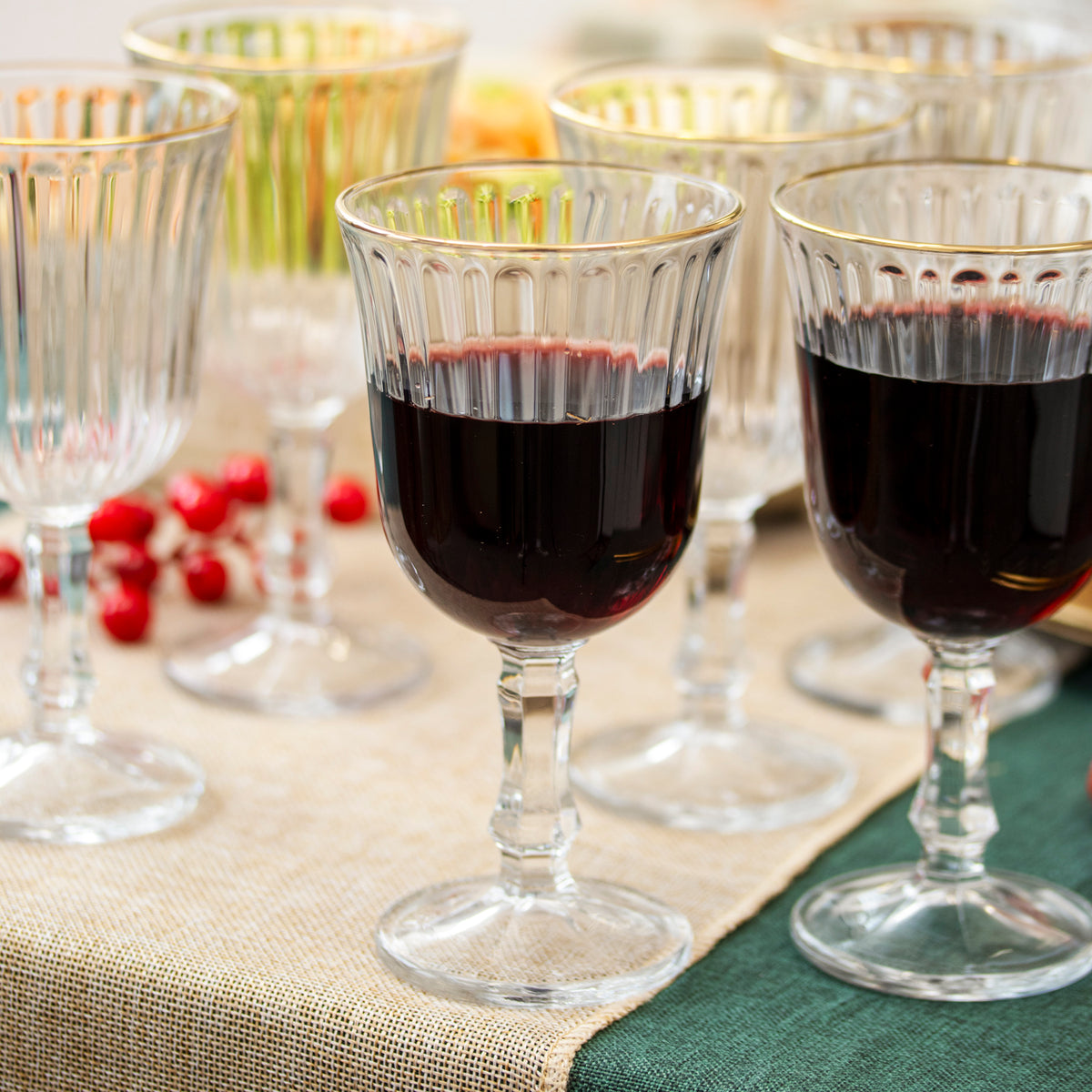 Set Of 6 Gold Rim Fluted Wine Glasses