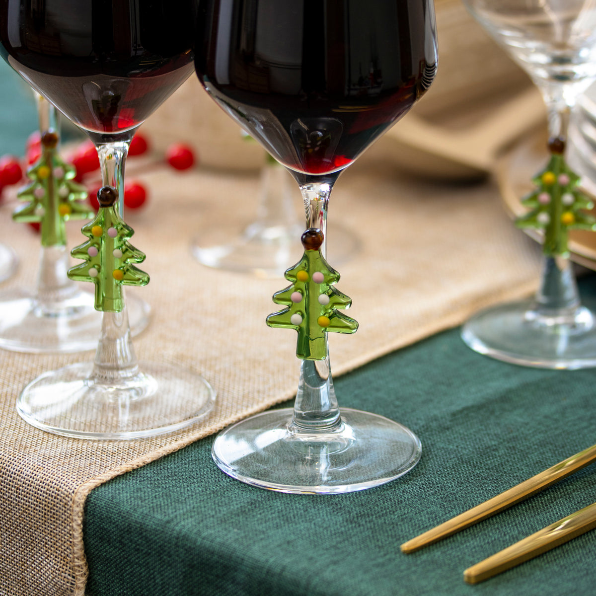 Set Of 6 Christmas Tree Tulip Wine Glasses