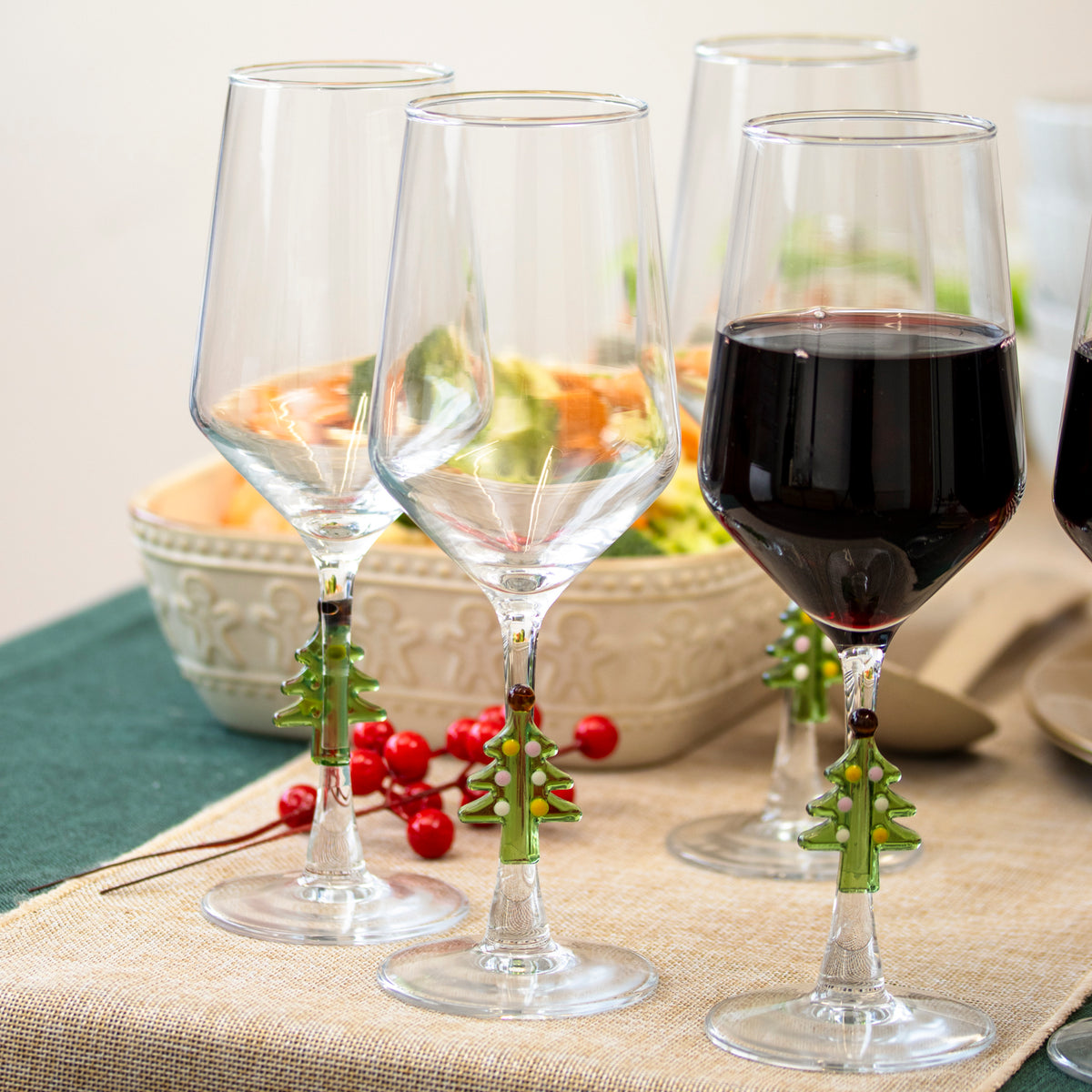 Set Of 6 Christmas Tree Tulip Wine Glasses