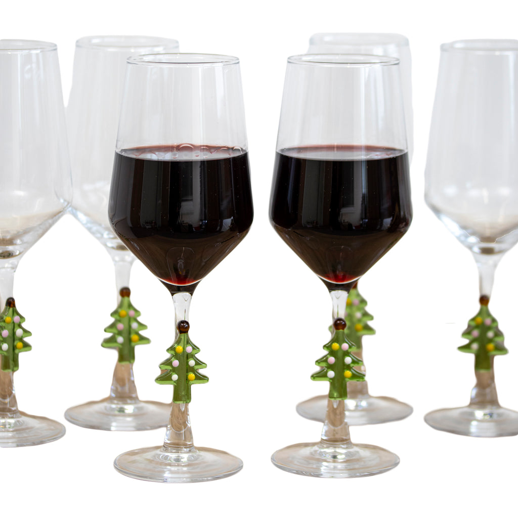 Set Of 6 Christmas Tree Tulip Wine Glasses