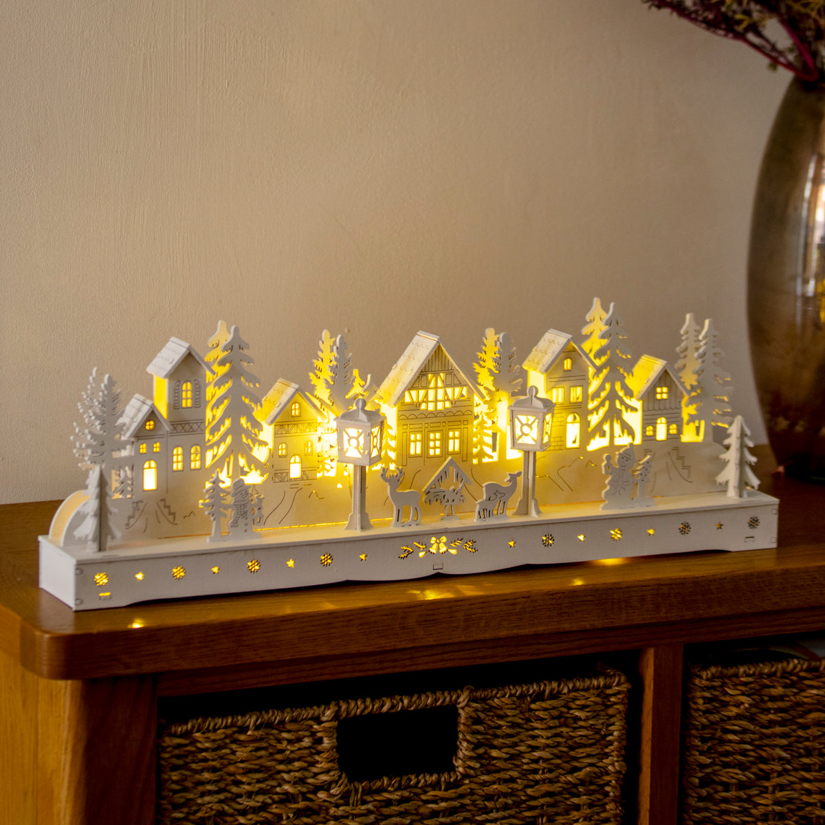 White Light Up Wooden Christmas Village Scene