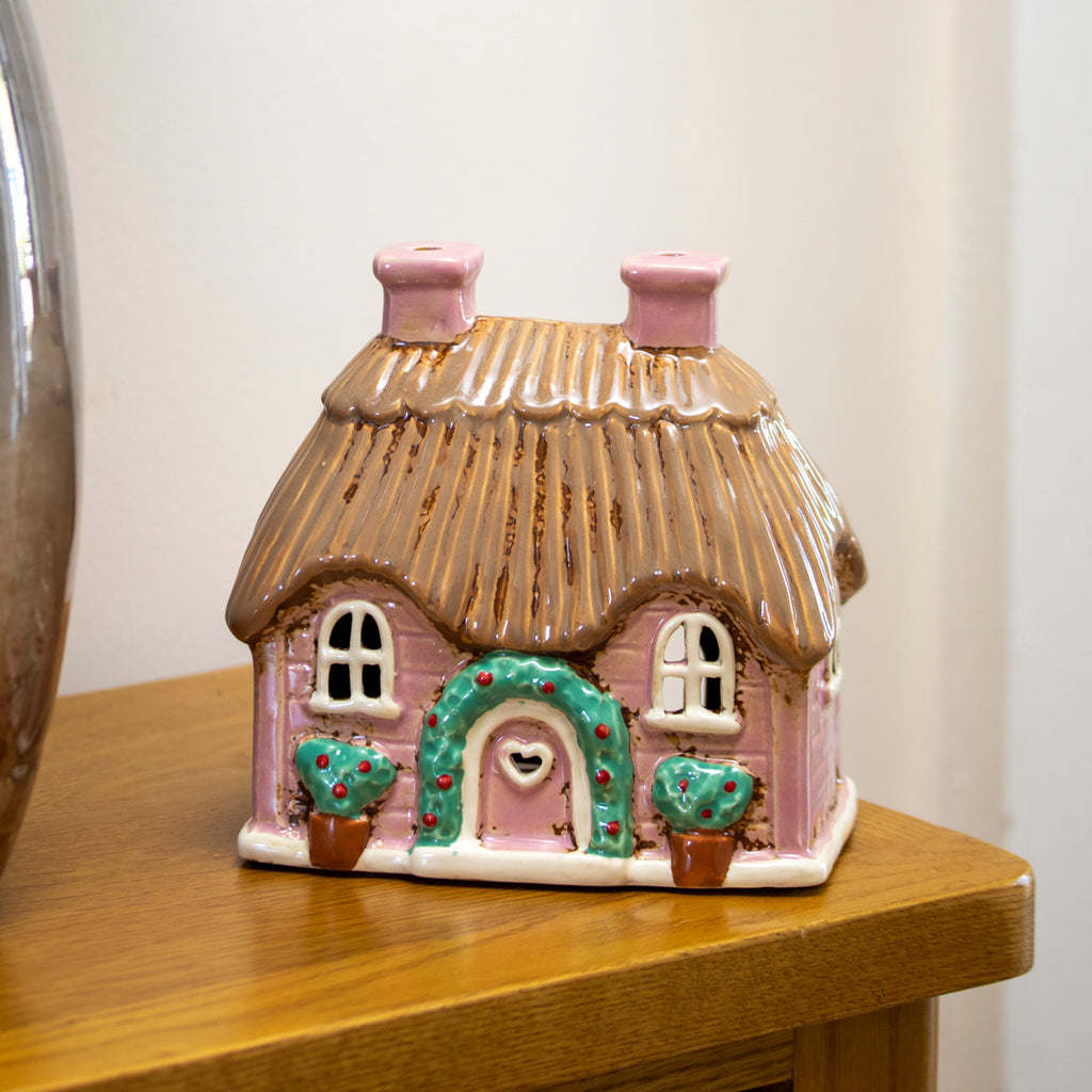 Ceramic Pink Thatched Cottage Tealight House
