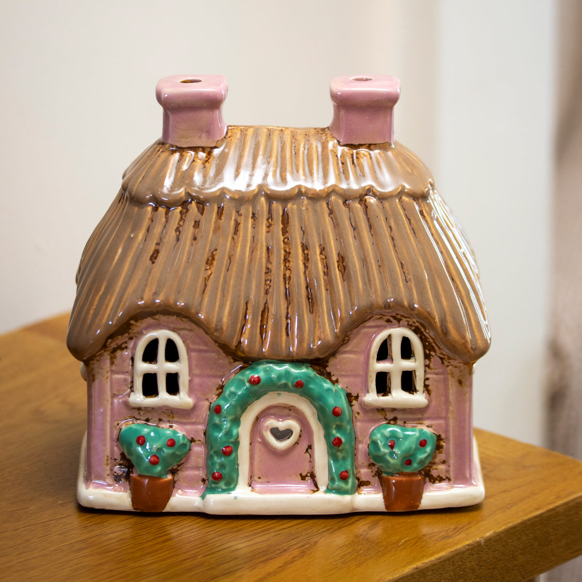 Ceramic Pink Thatched Cottage Tealight House