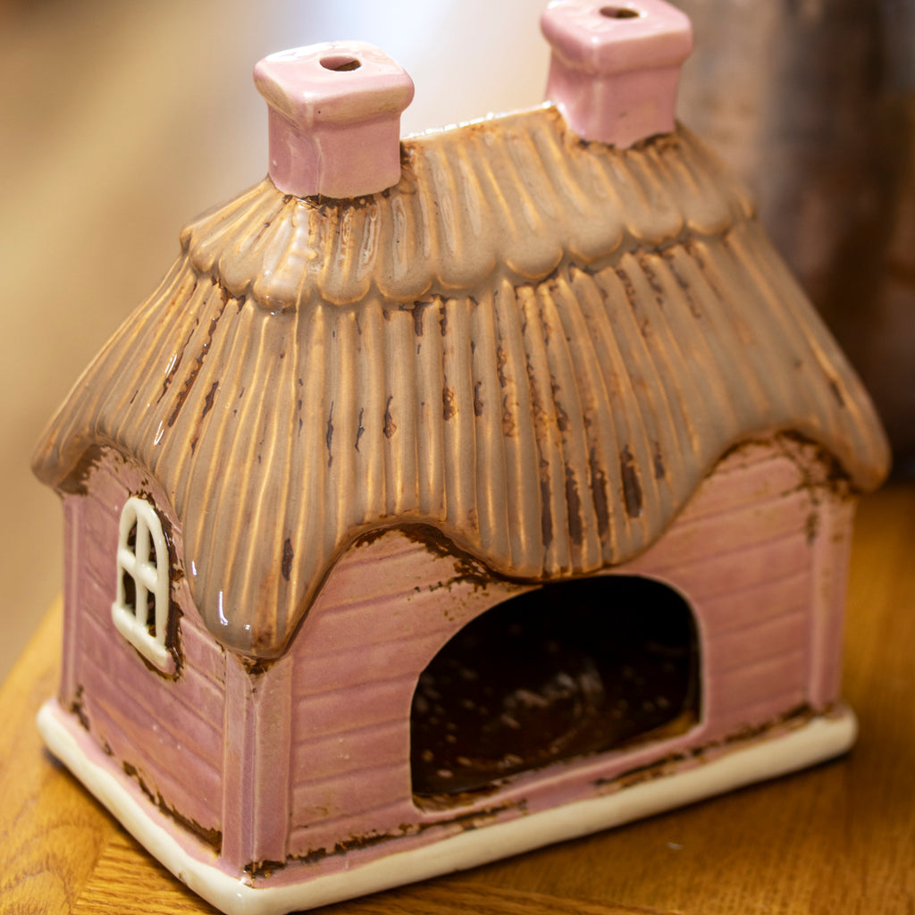 Ceramic Pink Thatched Cottage Tealight House