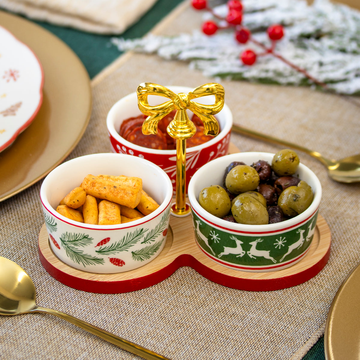 4 Piece Gold Bow Christmas Serving Bowl & Tray Set