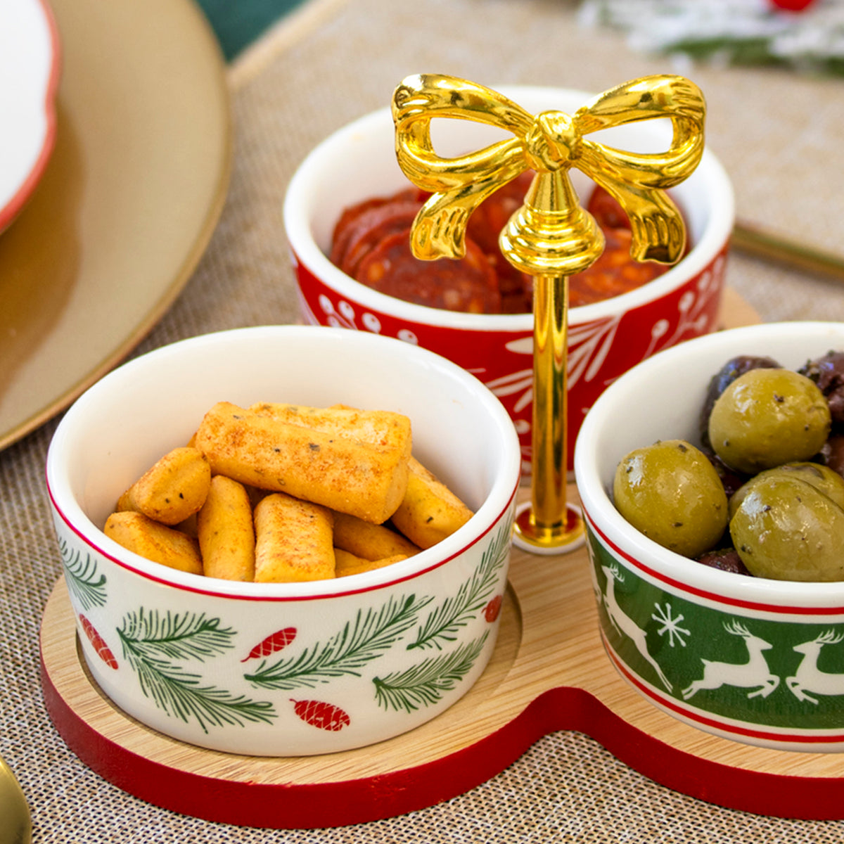 4 Piece Gold Bow Christmas Serving Bowl & Tray Set