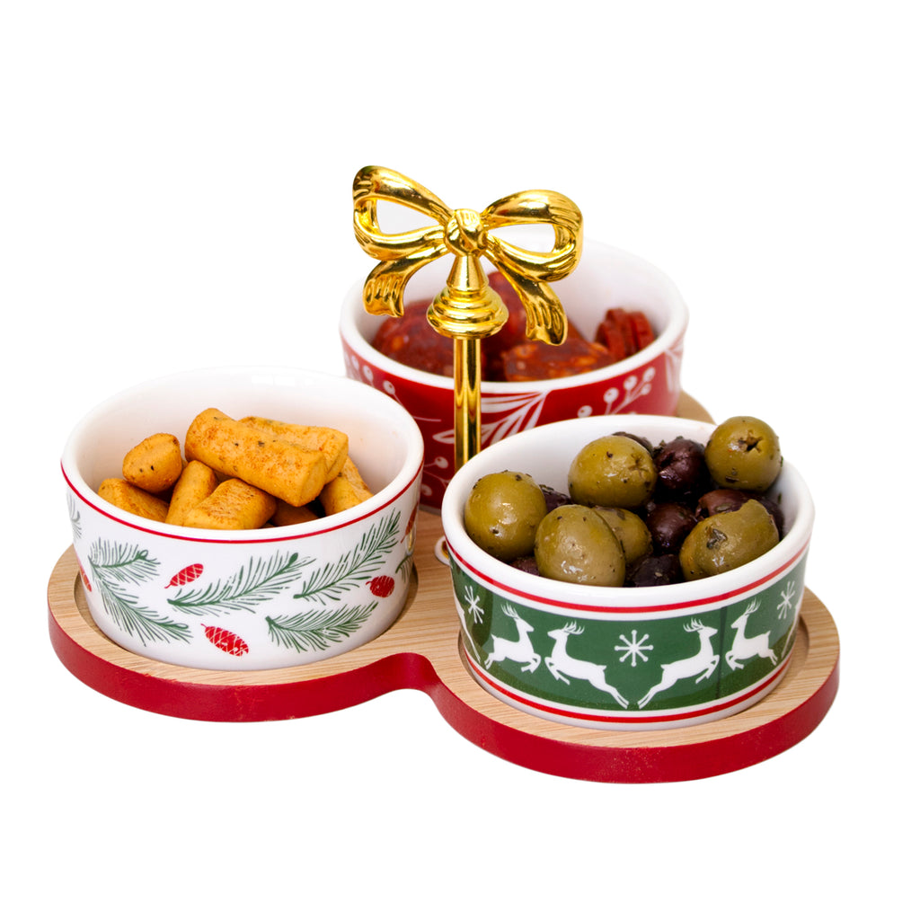 4 Piece Gold Bow Christmas Serving Bowl & Tray Set