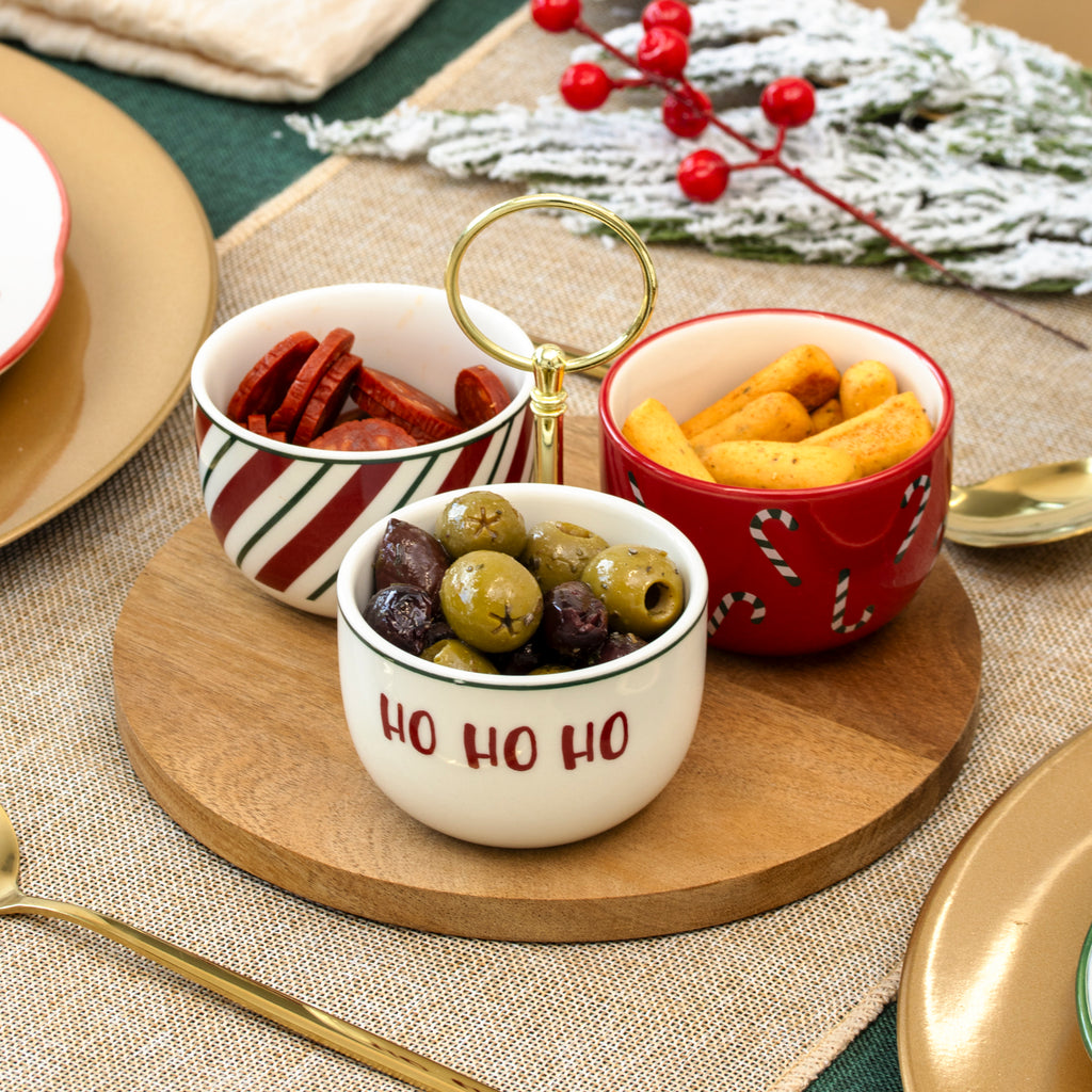 4 Piece Christmas Dip Bowl & Acacia Tray Set