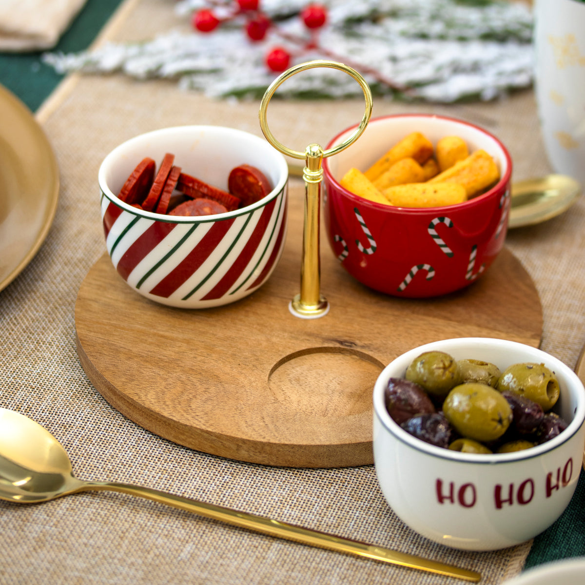 4 Piece Christmas Dip Bowl & Acacia Tray Set