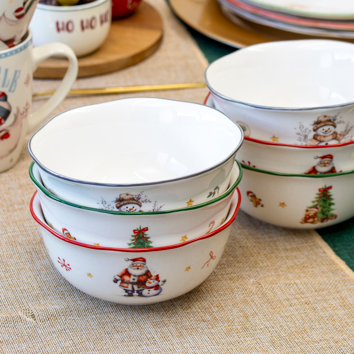 Set Of 6 Frosty Friends Scalloped Christmas Cereal Bowls
