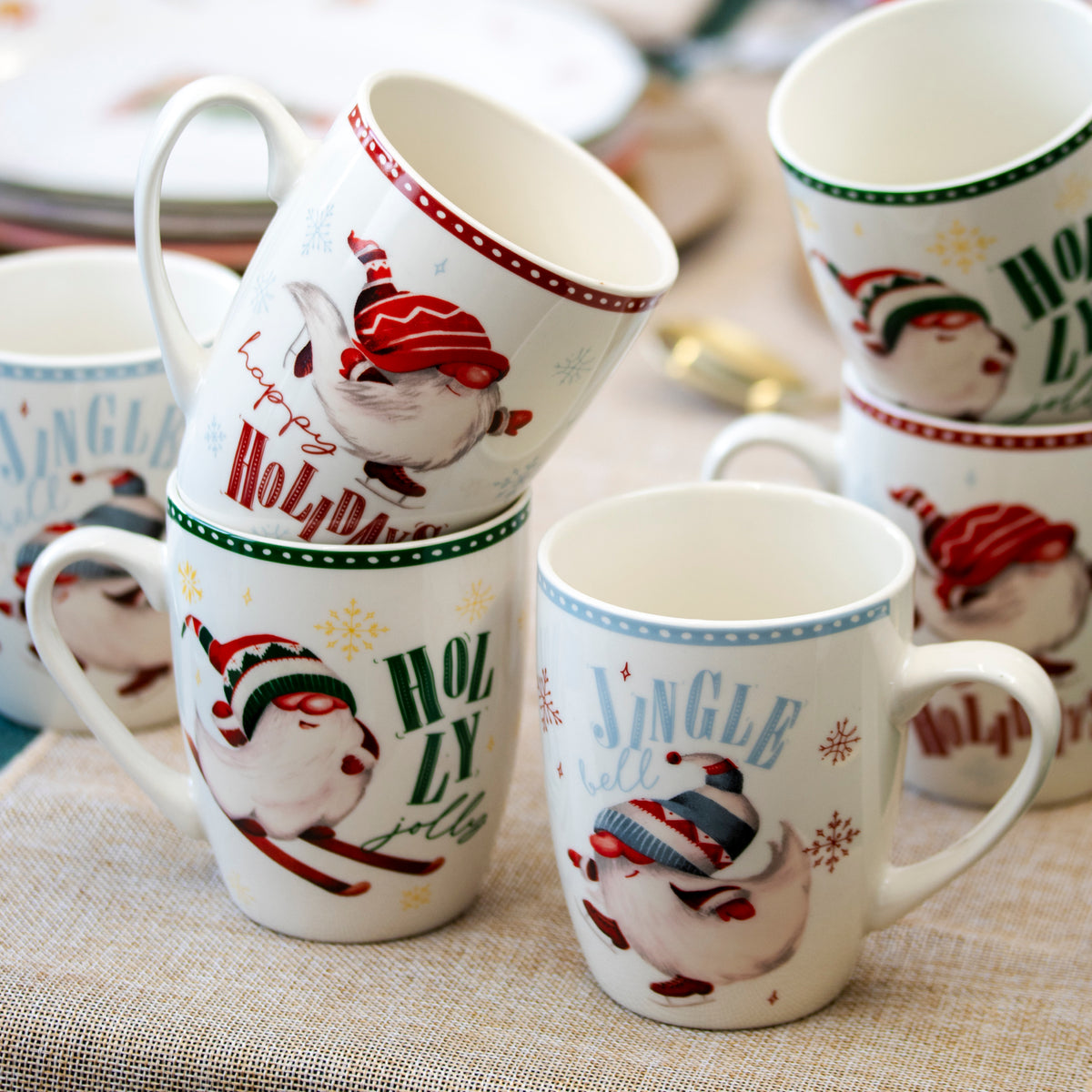 Set Of 6 Christmas Gnome Ceramic Mugs