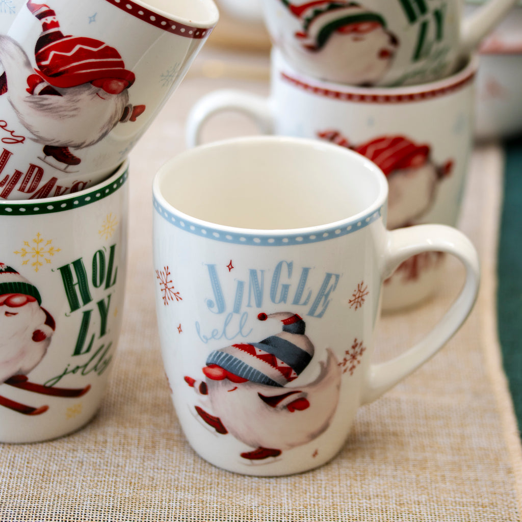 Set Of 6 Christmas Gnome Ceramic Mugs