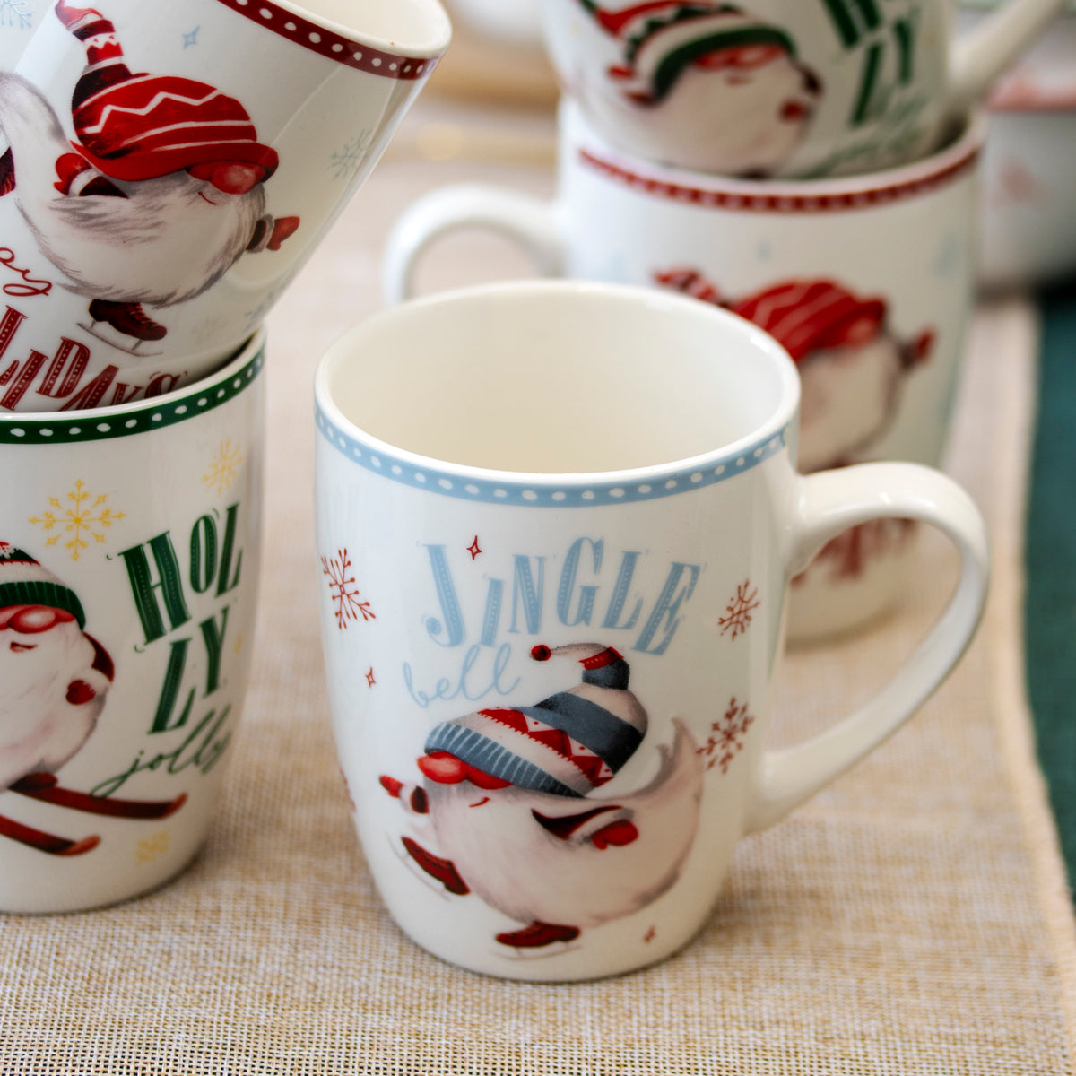Set Of 6 Christmas Gnome Ceramic Mugs