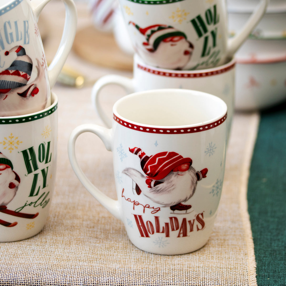 Set Of 6 Christmas Gnome Ceramic Mugs
