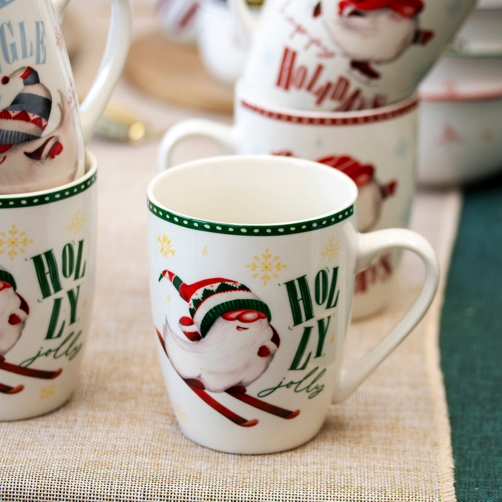 Set Of 6 Christmas Gnome Ceramic Mugs