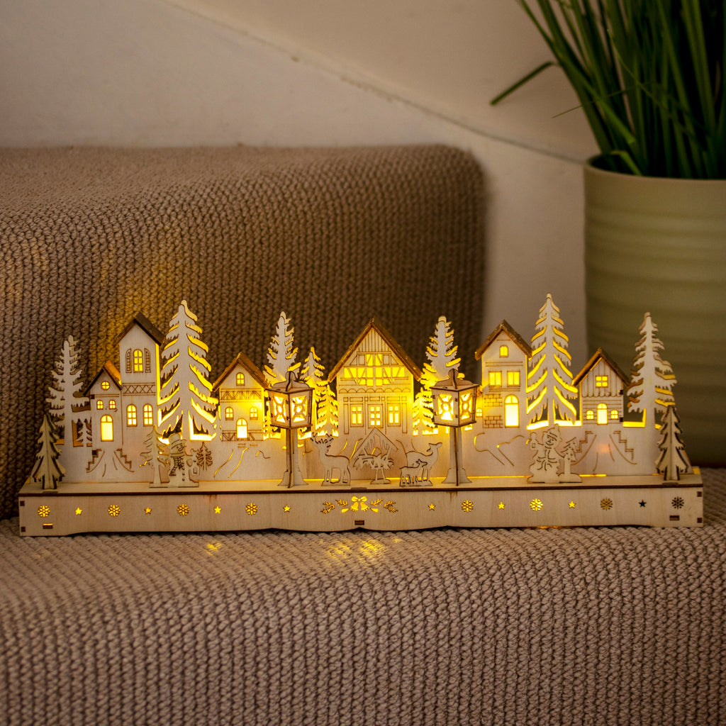 Large Light Up Wooden Christmas Village Scene