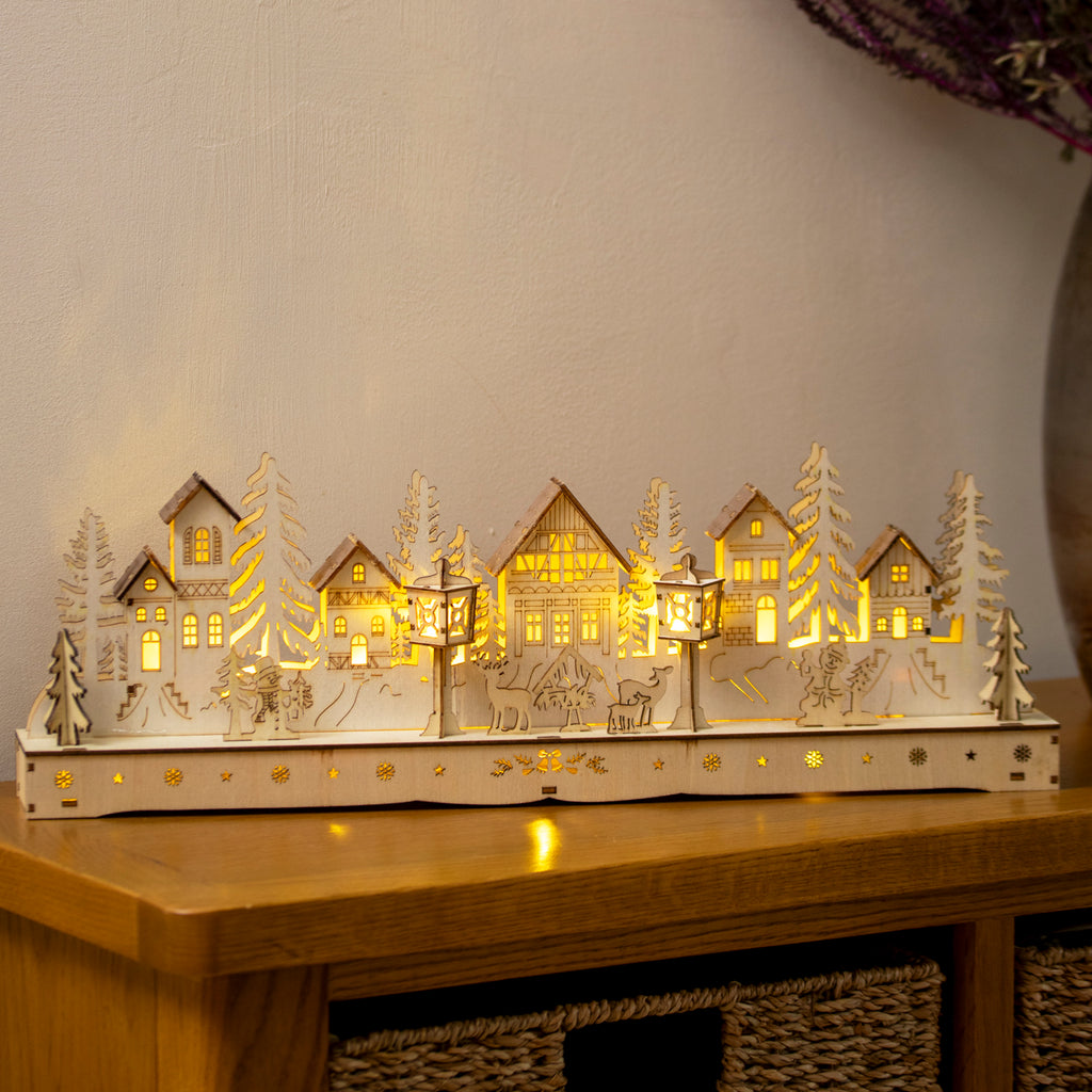 Large Light Up Wooden Christmas Village Scene