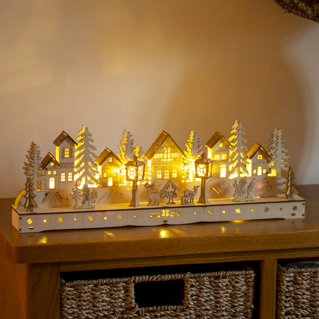 Large Light Up Wooden Christmas Village Scene
