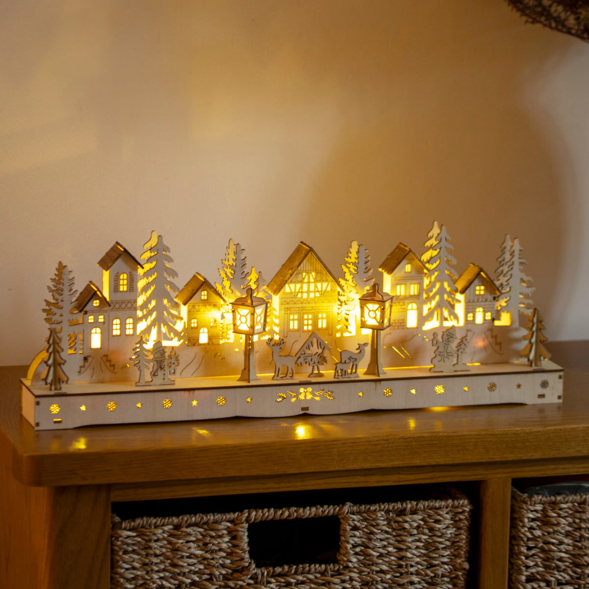 Large Light Up Wooden Christmas Village Scene