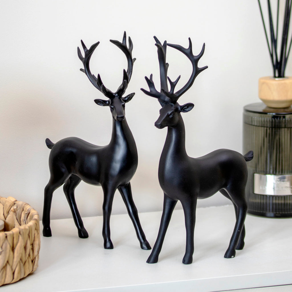 Set Of 2 Black Resin Standing Reindeer Ornaments