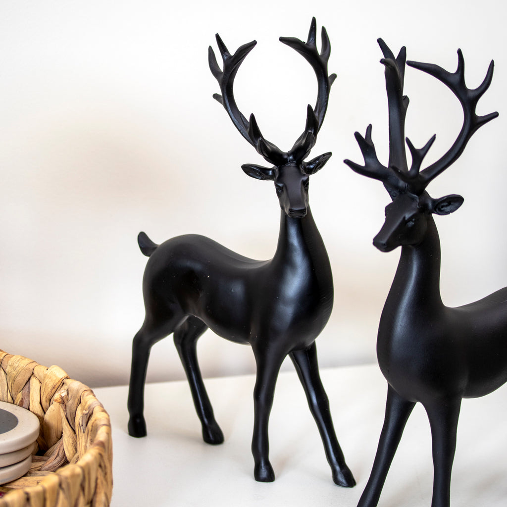 Set Of 2 Black Resin Standing Reindeer Ornaments