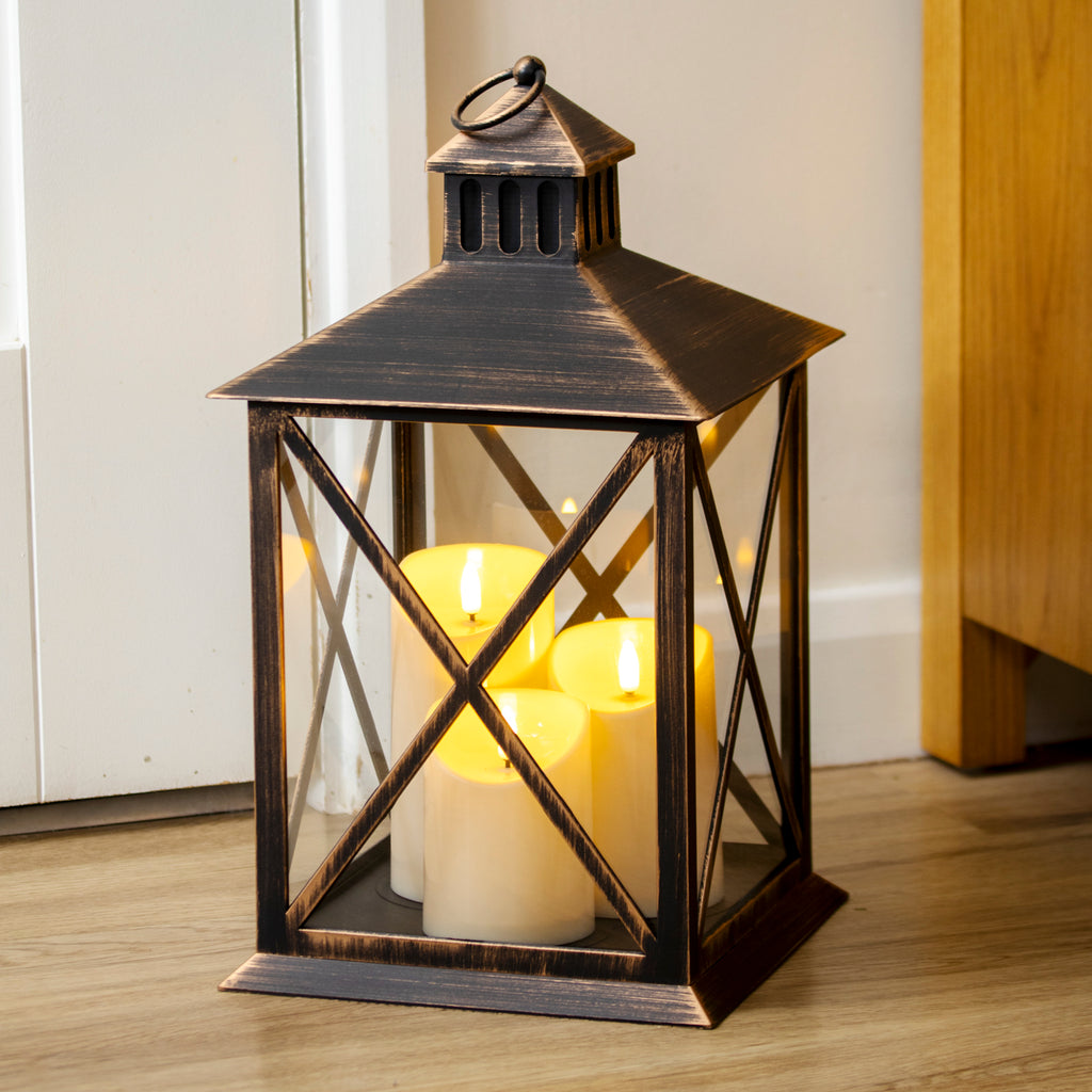 Bronze Triple Pillar LED Candle Lantern