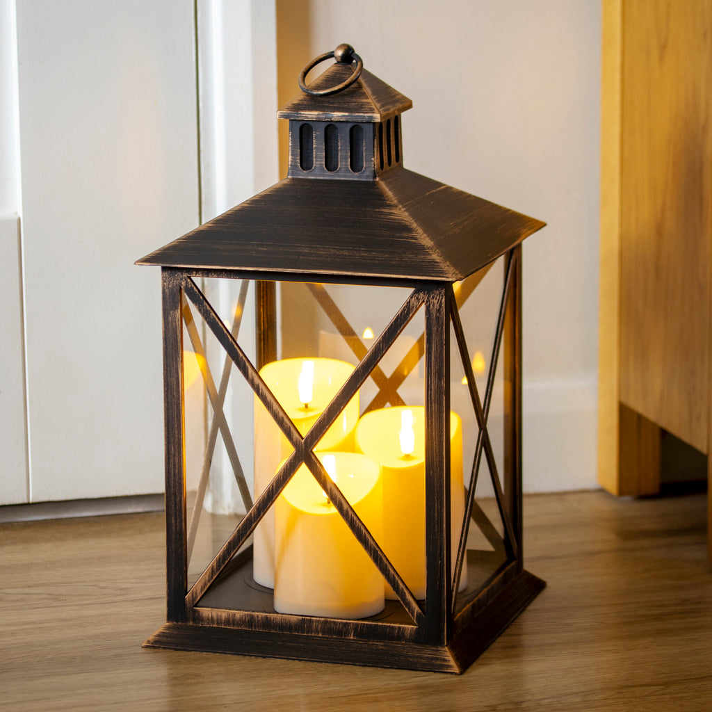 Bronze Triple Pillar LED Candle Lantern