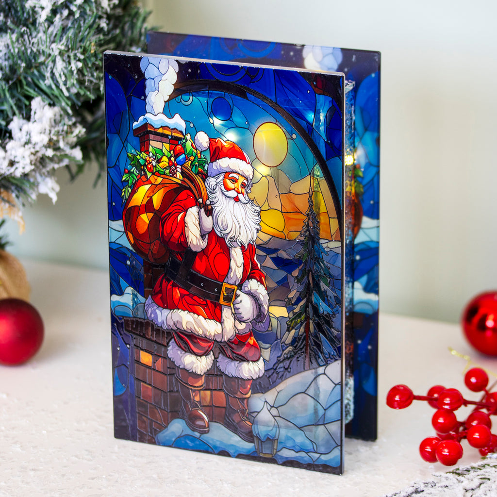 Stained Glass LED Santa On Chimney Decoration