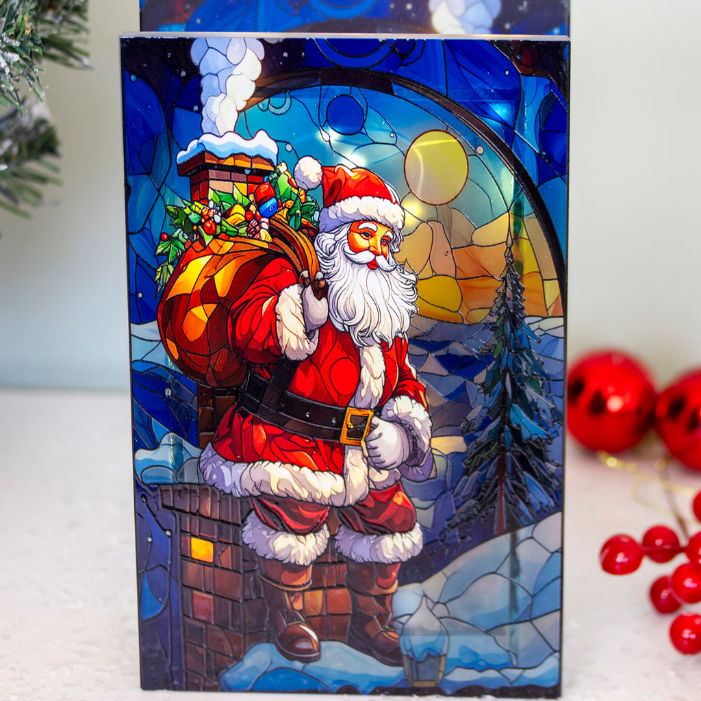 Stained Glass LED Santa On Chimney Decoration