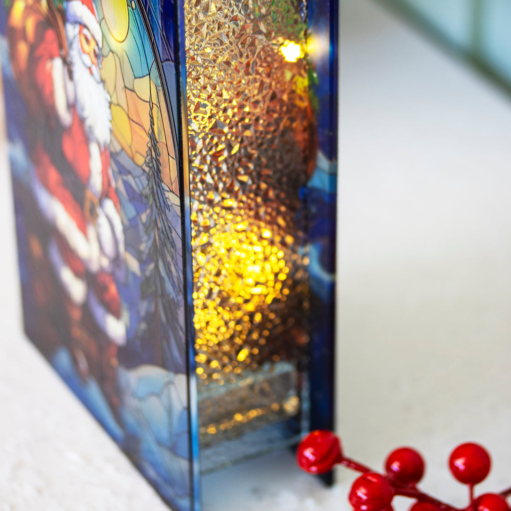 Stained Glass LED Santa On Chimney Decoration