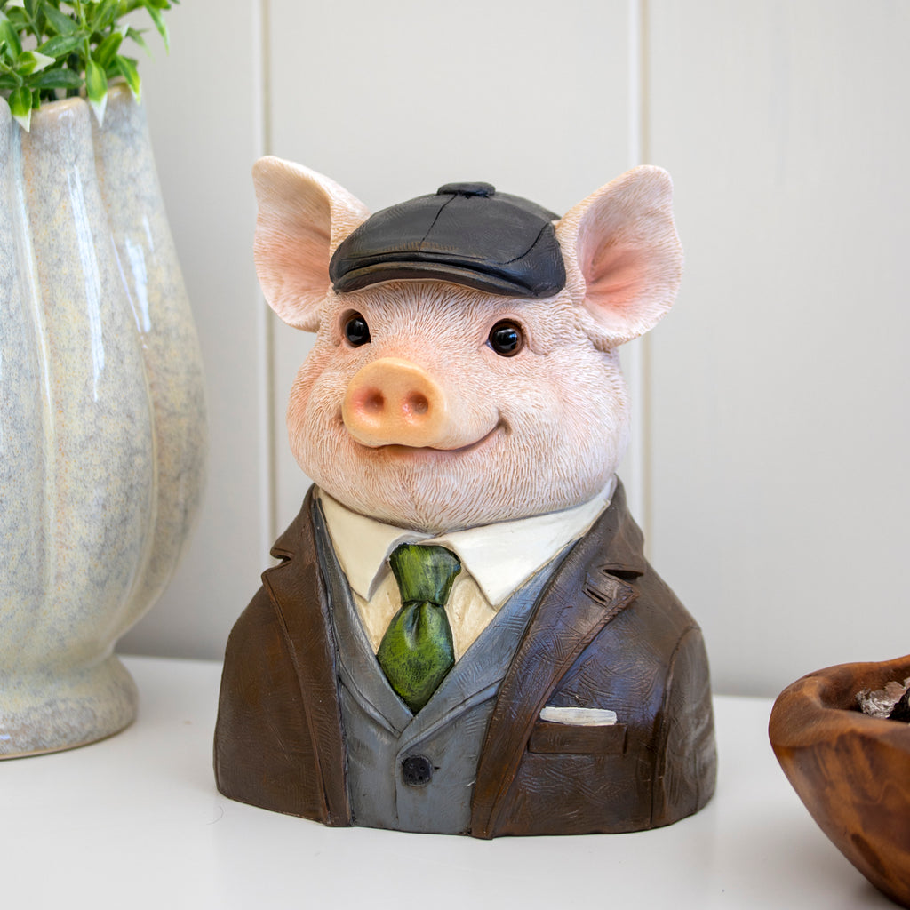 Gentleman Pig Bust Ornament With Flat Cap