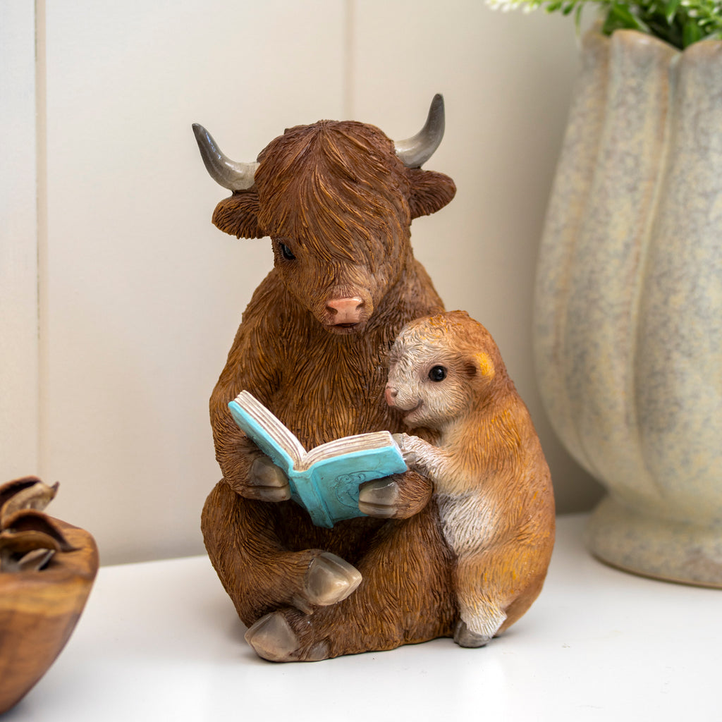 Highland Cow & Calf Reading Book Ornament