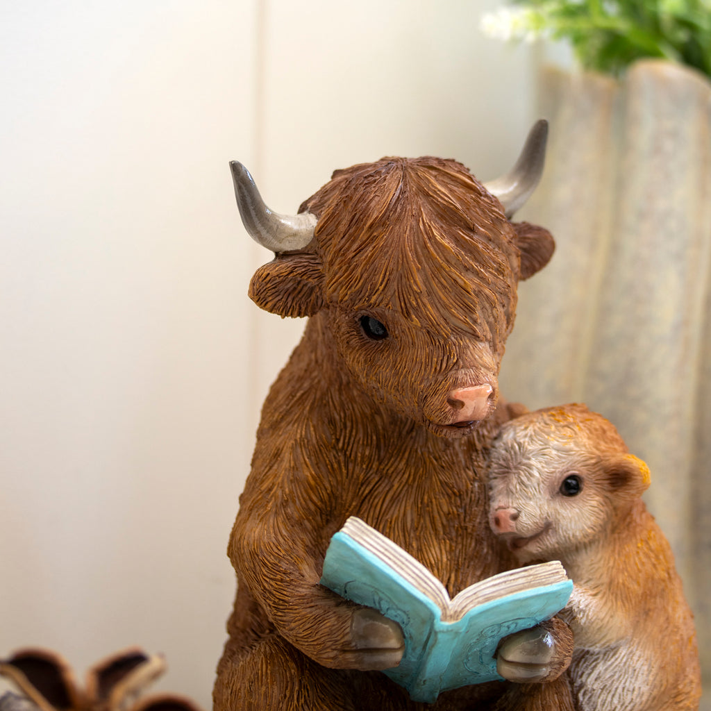 Highland Cow & Calf Reading Book Ornament