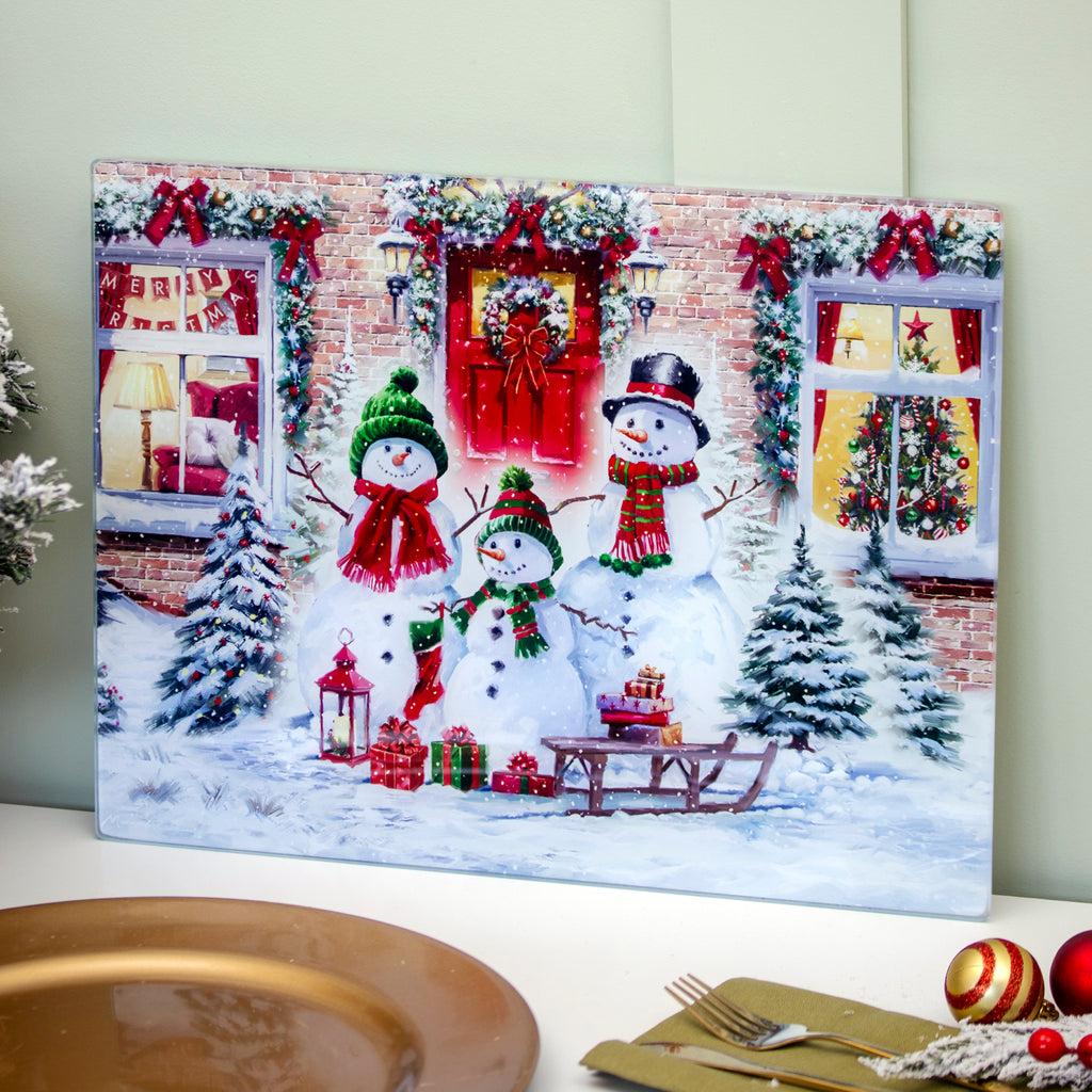 Snowmen Christmas Toughened Glass Worktop Saver