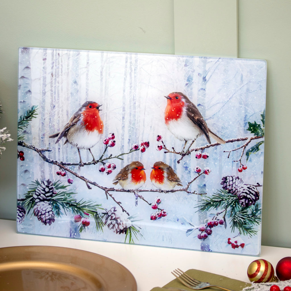 Christmas Robins Toughened Glass Worktop Saver