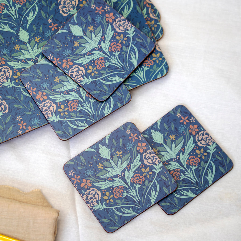 Set Of 4 Vintage Blue Floral Placemats & Coasters