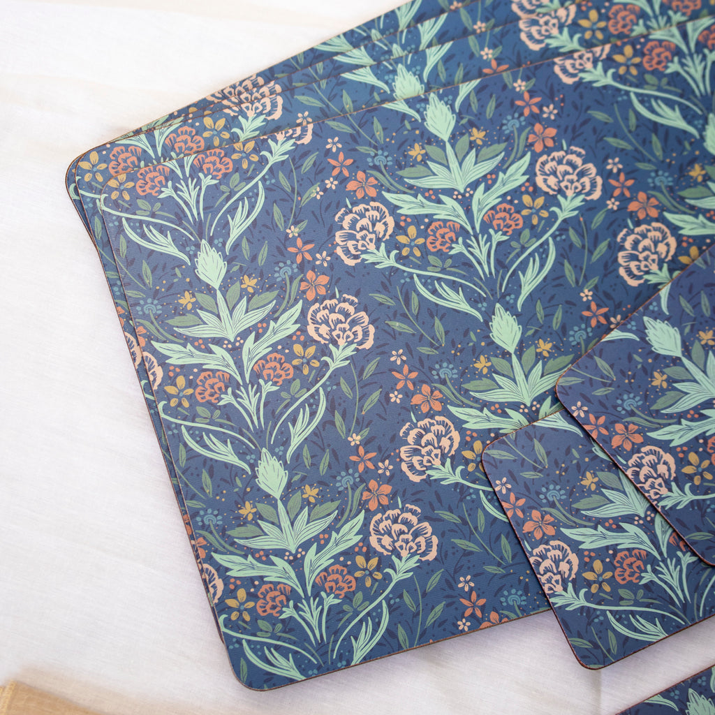 Set Of 4 Vintage Blue Floral Placemats & Coasters