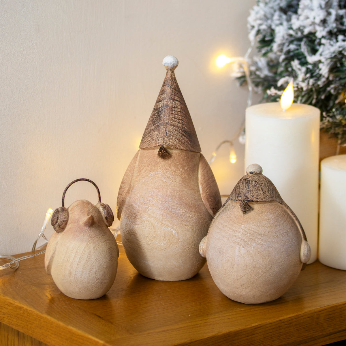 Set Of 3 Rustic Wood Effect Winter Bird Ornaments