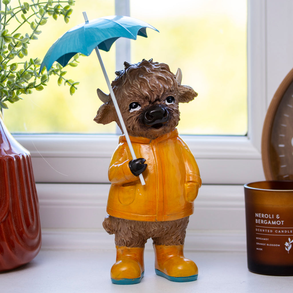 Highland Cow In Yellow Raincoat & Umbrella Ornament