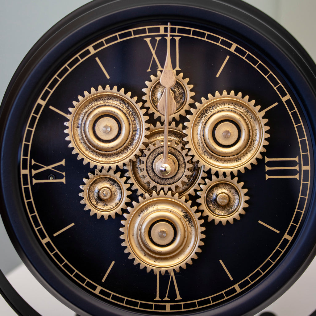 Industrial Black & Gold Moving Cogs Mantel Clock