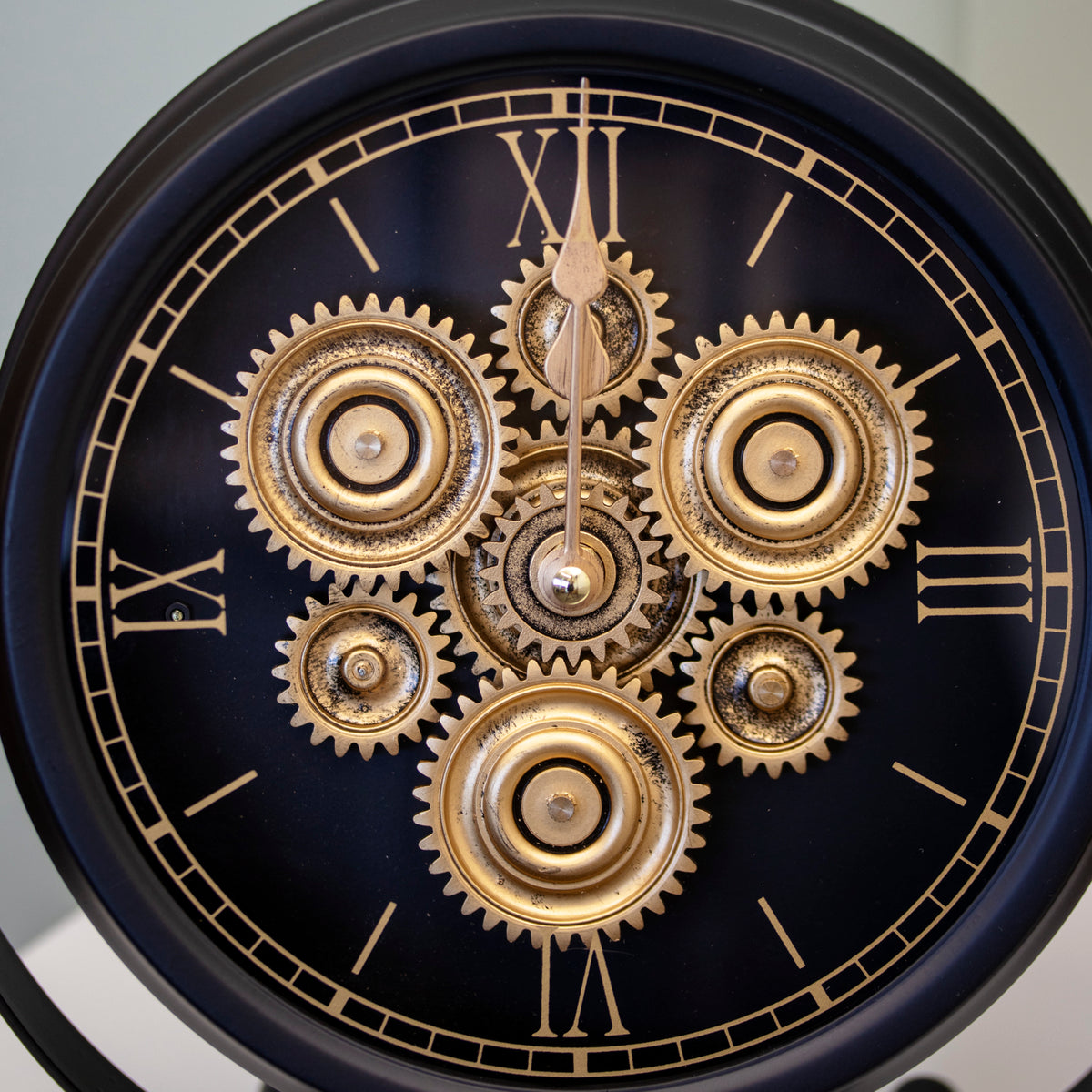 Industrial Black & Gold Moving Cogs Mantel Clock