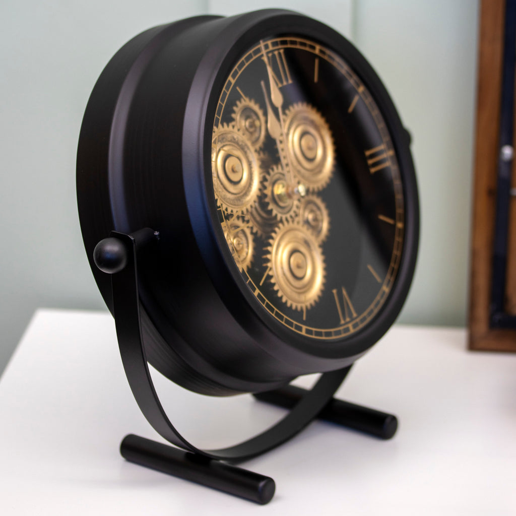Industrial Black & Gold Moving Cogs Mantel Clock