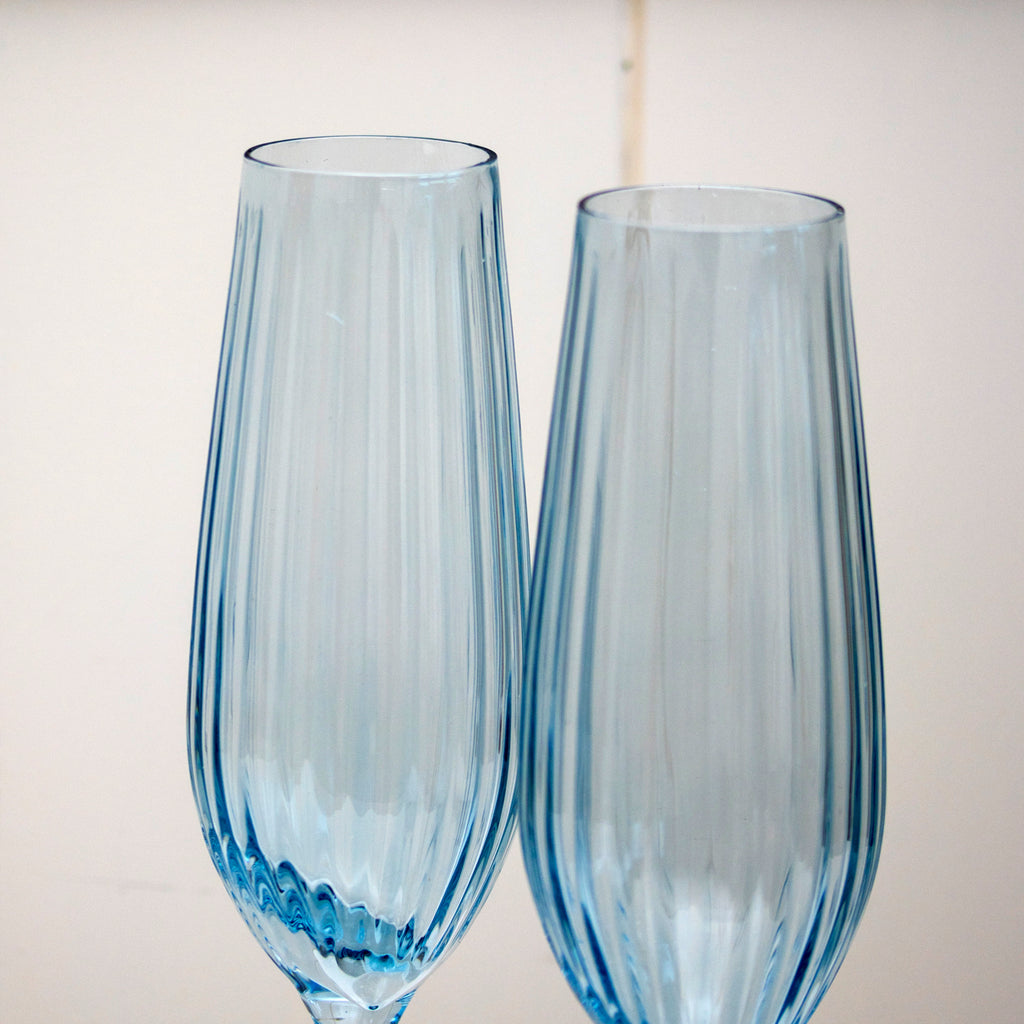 Set Of 4 Blue Ribbed Champagne Flute Glasses