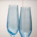 Set Of 4 Blue Ribbed Champagne Flute Glasses