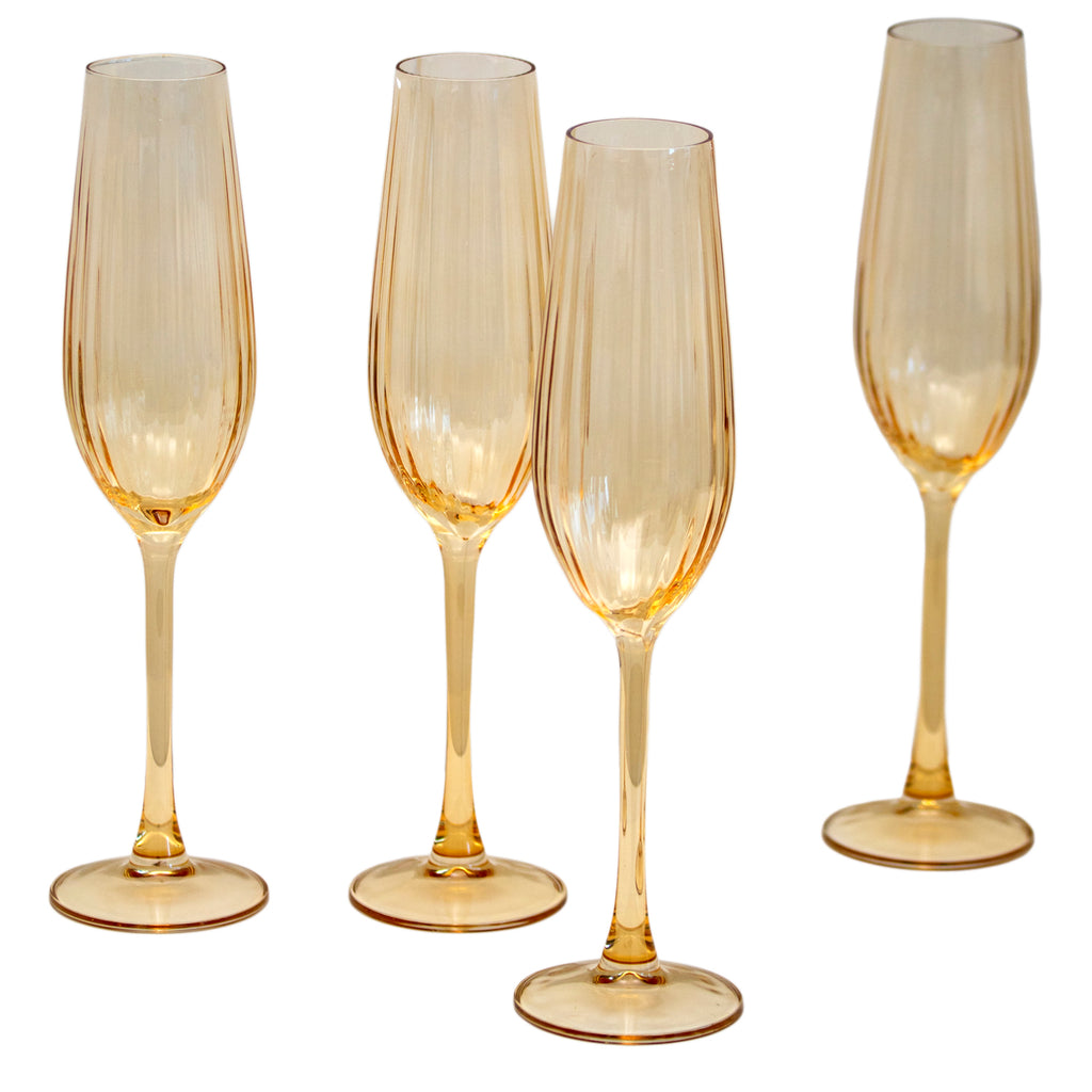 Set Of 4 Amber Ribbed Champagne Flute Glasses